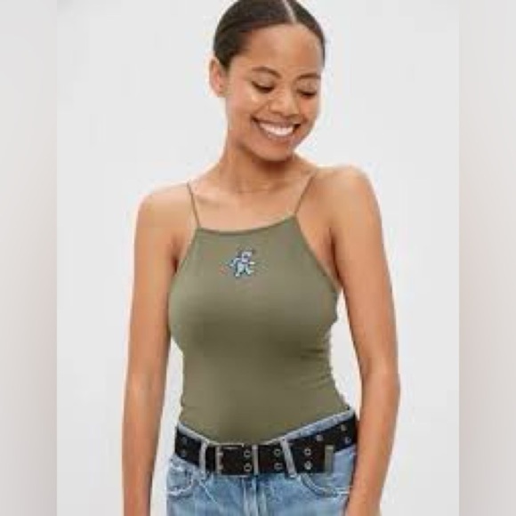 American Eagle Olive Green Grateful Dead Graphic Retro Bodysuit Top Size Medium - Picture 2 of 12